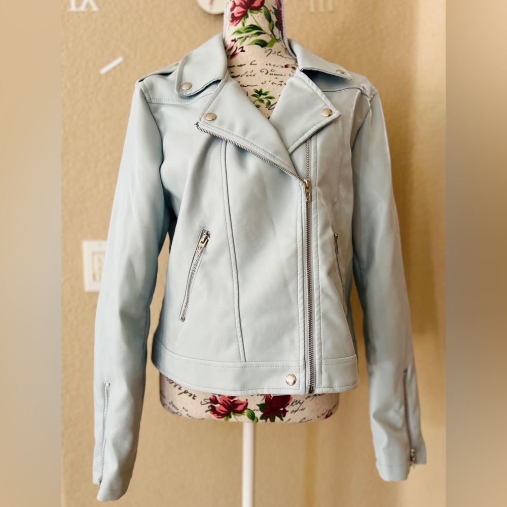 BLANKNYC Light Blue Vegan Leather Asymmetrical Motorcycle Jacket Size Large
